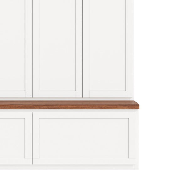 English Elm On-Trend Modern Farmhouse Hall Tree with Hidden Cabinets Six Hooks and Walnut Bench Storage White N721S000092K