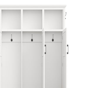 English Elm On-Trend Modern Farmhouse Hall Tree with Hidden Cabinets Six Hooks and Walnut Bench Storage White N721S000092K