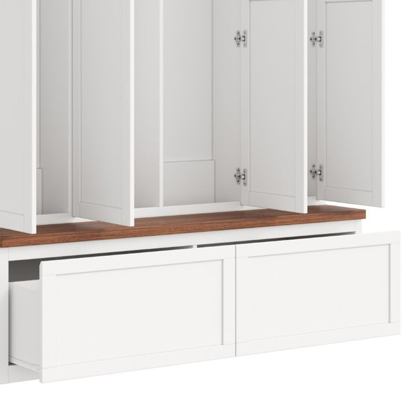English Elm On-Trend Modern Farmhouse Hall Tree with Hidden Cabinets Six Hooks and Walnut Bench Storage White N721S000092K