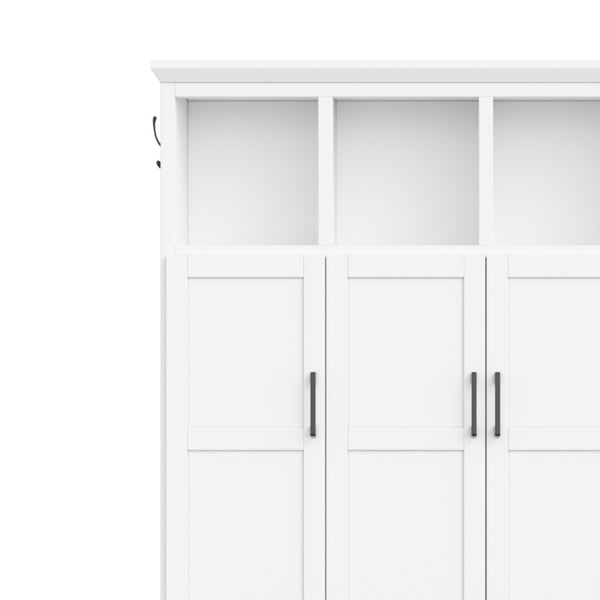 English Elm On-Trend Modern Farmhouse Hall Tree with Hidden Cabinets Six Hooks and Walnut Bench Storage White N721S000092K