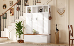 English Elm On-Trend Modern Farmhouse Hall Tree with Hidden Cabinets Six Hooks and Walnut Bench Storage White N721S000092K