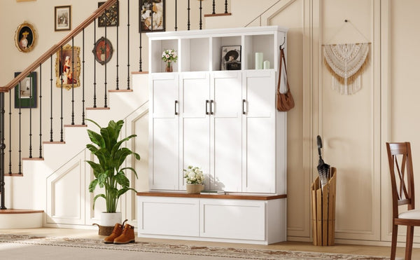 English Elm On-Trend Modern Farmhouse Hall Tree with Hidden Cabinets Six Hooks and Walnut Bench Storage White N721S000092K