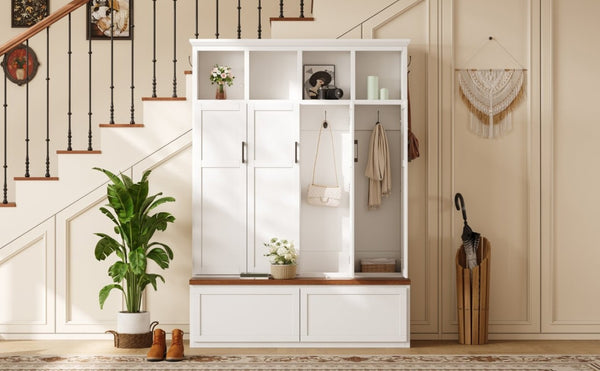 English Elm On-Trend Modern Farmhouse Hall Tree with Hidden Cabinets Six Hooks and Walnut Bench Storage White N721S000092K