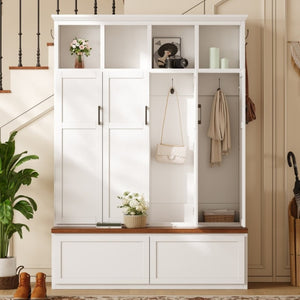 English Elm On-Trend Modern Farmhouse Hall Tree with Hidden Cabinets Six Hooks and Walnut Bench Storage White N721S000092K