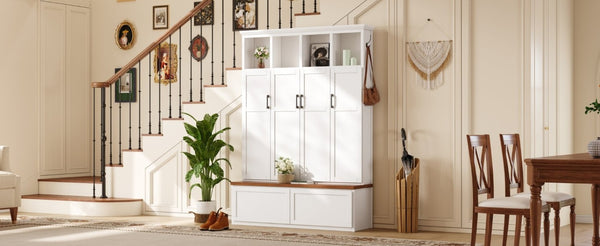 English Elm On-Trend Modern Farmhouse Hall Tree with Hidden Cabinets Six Hooks and Walnut Bench Storage White N721S000092K