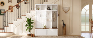 English Elm On-Trend Modern Farmhouse Hall Tree with Hidden Cabinets Six Hooks and Walnut Bench Storage White N721S000092K