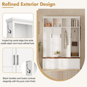 English Elm On-Trend Modern Farmhouse Hall Tree with Hidden Cabinets Six Hooks and Walnut Bench Storage White N721S000092K