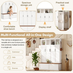 English Elm On-Trend Modern Farmhouse Hall Tree with Hidden Cabinets Six Hooks and Walnut Bench Storage White N721S000092K