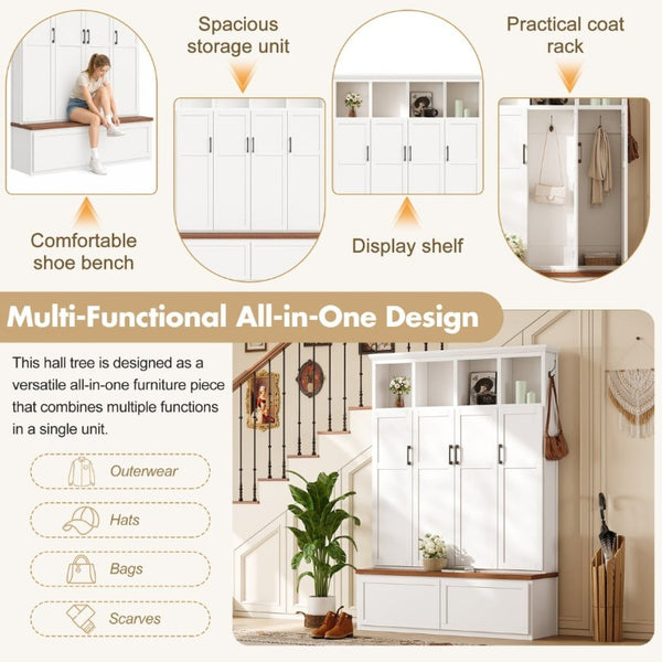 English Elm On-Trend Modern Farmhouse Hall Tree with Hidden Cabinets Six Hooks and Walnut Bench Storage White N721S000092K