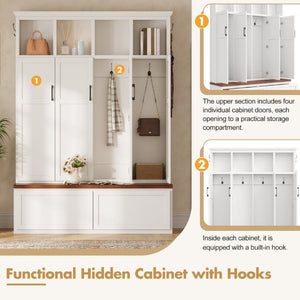 English Elm On-Trend Modern Farmhouse Hall Tree with Hidden Cabinets Six Hooks and Walnut Bench Storage White N721S000092K