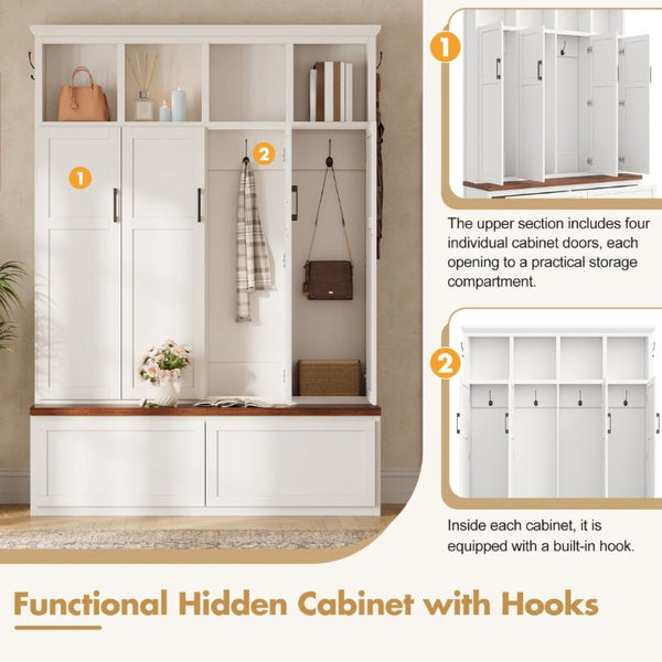 English Elm On-Trend Modern Farmhouse Hall Tree with Hidden Cabinets Six Hooks and Walnut Bench Storage White N721S000092K