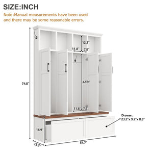 English Elm On-Trend Modern Farmhouse Hall Tree with Hidden Cabinets Six Hooks and Walnut Bench Storage White N721S000092K