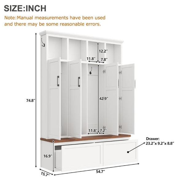 English Elm On-Trend Modern Farmhouse Hall Tree with Hidden Cabinets Six Hooks and Walnut Bench Storage White N721S000092K