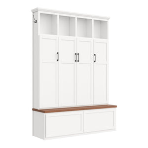 English Elm On-Trend Modern Farmhouse Hall Tree with Hidden Cabinets Six Hooks and Walnut Bench Storage White N721S000092K