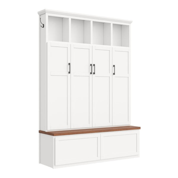 English Elm On-Trend Modern Farmhouse Hall Tree with Hidden Cabinets Six Hooks and Walnut Bench Storage White N721S000092K