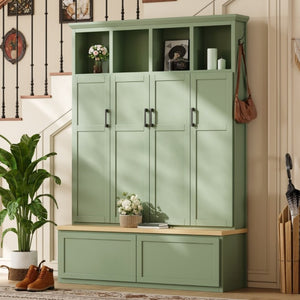 English Elm On-Trend Modern Farmhouse Hall Tree with Hidden Cabinets Six Hooks and Walnut Bench Storage Green N721S000092M