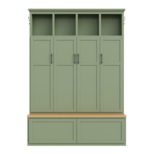 English Elm On-Trend Modern Farmhouse Hall Tree with Hidden Cabinets Six Hooks and Walnut Bench Storage Green N721S000092M