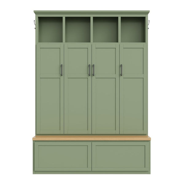 English Elm On-Trend Modern Farmhouse Hall Tree with Hidden Cabinets Six Hooks and Walnut Bench Storage Green N721S000092M