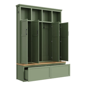 English Elm On-Trend Modern Farmhouse Hall Tree with Hidden Cabinets Six Hooks and Walnut Bench Storage Green N721S000092M