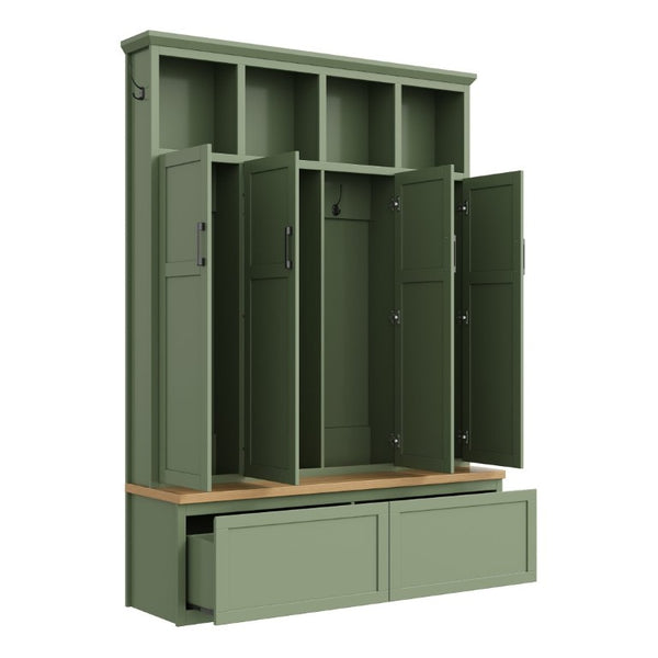 English Elm On-Trend Modern Farmhouse Hall Tree with Hidden Cabinets Six Hooks and Walnut Bench Storage Green N721S000092M