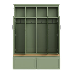 English Elm On-Trend Modern Farmhouse Hall Tree with Hidden Cabinets Six Hooks and Walnut Bench Storage Green N721S000092M