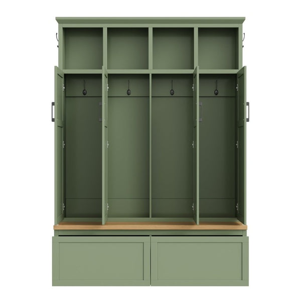 English Elm On-Trend Modern Farmhouse Hall Tree with Hidden Cabinets Six Hooks and Walnut Bench Storage Green N721S000092M