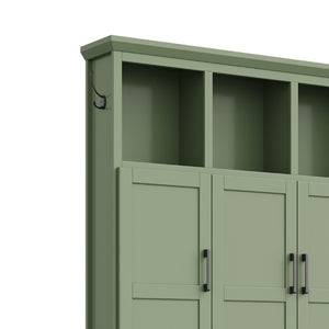 English Elm On-Trend Modern Farmhouse Hall Tree with Hidden Cabinets Six Hooks and Walnut Bench Storage Green N721S000092M