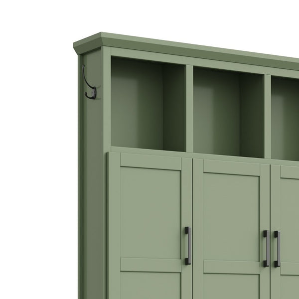 English Elm On-Trend Modern Farmhouse Hall Tree with Hidden Cabinets Six Hooks and Walnut Bench Storage Green N721S000092M