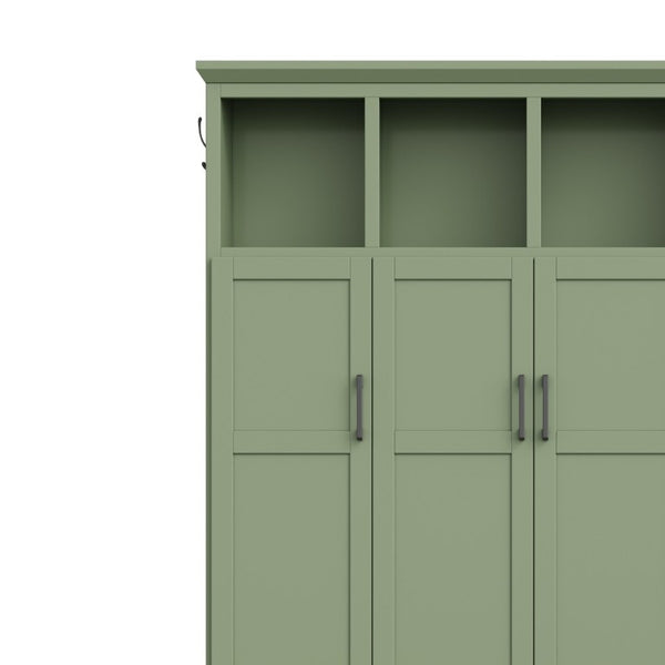 English Elm On-Trend Modern Farmhouse Hall Tree with Hidden Cabinets Six Hooks and Walnut Bench Storage Green N721S000092M