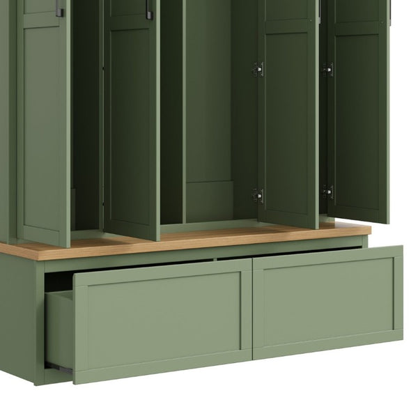 English Elm On-Trend Modern Farmhouse Hall Tree with Hidden Cabinets Six Hooks and Walnut Bench Storage Green N721S000092M