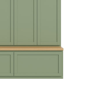 English Elm On-Trend Modern Farmhouse Hall Tree with Hidden Cabinets Six Hooks and Walnut Bench Storage Green N721S000092M