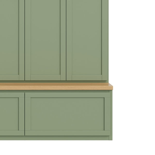 English Elm On-Trend Modern Farmhouse Hall Tree with Hidden Cabinets Six Hooks and Walnut Bench Storage Green N721S000092M