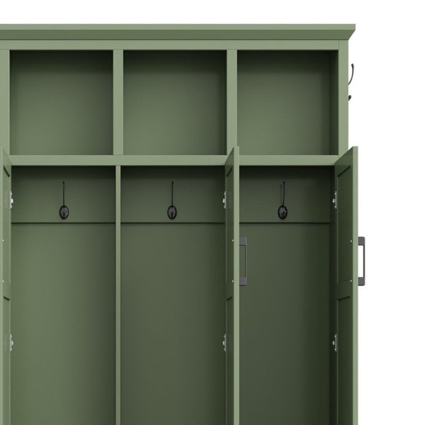 English Elm On-Trend Modern Farmhouse Hall Tree with Hidden Cabinets Six Hooks and Walnut Bench Storage Green N721S000092M