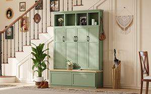 English Elm On-Trend Modern Farmhouse Hall Tree with Hidden Cabinets Six Hooks and Walnut Bench Storage Green N721S000092M