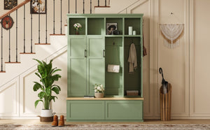 English Elm On-Trend Modern Farmhouse Hall Tree with Hidden Cabinets Six Hooks and Walnut Bench Storage Green N721S000092M
