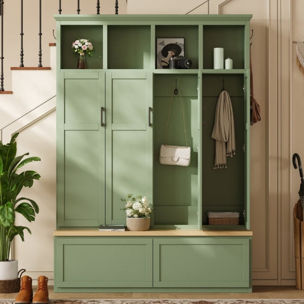 English Elm On-Trend Modern Farmhouse Hall Tree with Hidden Cabinets Six Hooks and Walnut Bench Storage Green N721S000092M