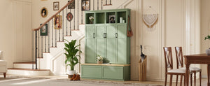 English Elm On-Trend Modern Farmhouse Hall Tree with Hidden Cabinets Six Hooks and Walnut Bench Storage Green N721S000092M