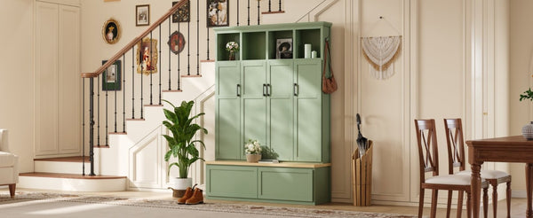 English Elm On-Trend Modern Farmhouse Hall Tree with Hidden Cabinets Six Hooks and Walnut Bench Storage Green N721S000092M
