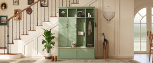 English Elm On-Trend Modern Farmhouse Hall Tree with Hidden Cabinets Six Hooks and Walnut Bench Storage Green N721S000092M