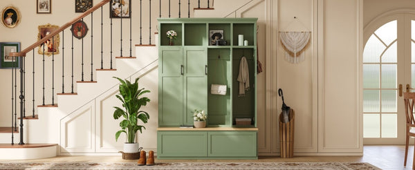 English Elm On-Trend Modern Farmhouse Hall Tree with Hidden Cabinets Six Hooks and Walnut Bench Storage Green N721S000092M