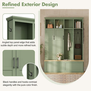 English Elm On-Trend Modern Farmhouse Hall Tree with Hidden Cabinets Six Hooks and Walnut Bench Storage Green N721S000092M