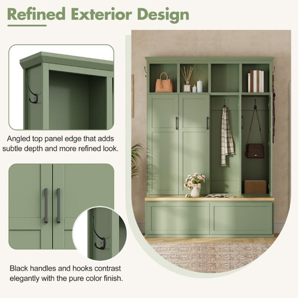 English Elm On-Trend Modern Farmhouse Hall Tree with Hidden Cabinets Six Hooks and Walnut Bench Storage Green N721S000092M