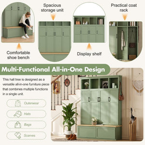 English Elm On-Trend Modern Farmhouse Hall Tree with Hidden Cabinets Six Hooks and Walnut Bench Storage Green N721S000092M