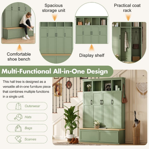English Elm On-Trend Modern Farmhouse Hall Tree with Hidden Cabinets Six Hooks and Walnut Bench Storage Green N721S000092M