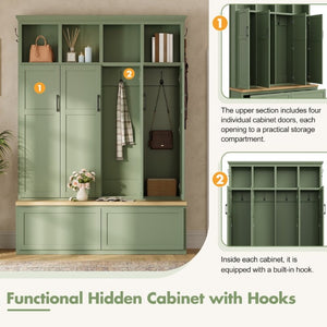 English Elm On-Trend Modern Farmhouse Hall Tree with Hidden Cabinets Six Hooks and Walnut Bench Storage Green N721S000092M