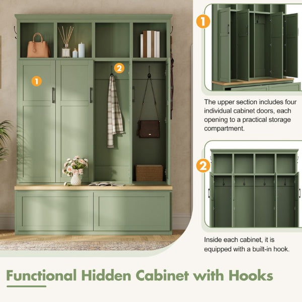 English Elm On-Trend Modern Farmhouse Hall Tree with Hidden Cabinets Six Hooks and Walnut Bench Storage Green N721S000092M
