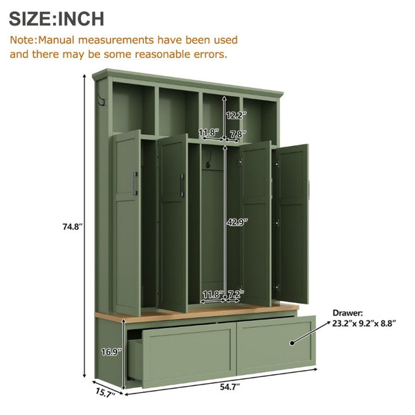 English Elm On-Trend Modern Farmhouse Hall Tree with Hidden Cabinets Six Hooks and Walnut Bench Storage Green N721S000092M