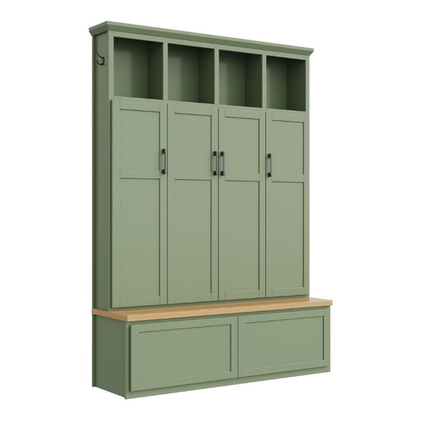 English Elm On-Trend Modern Farmhouse Hall Tree with Hidden Cabinets Six Hooks and Walnut Bench Storage Green N721S000092M