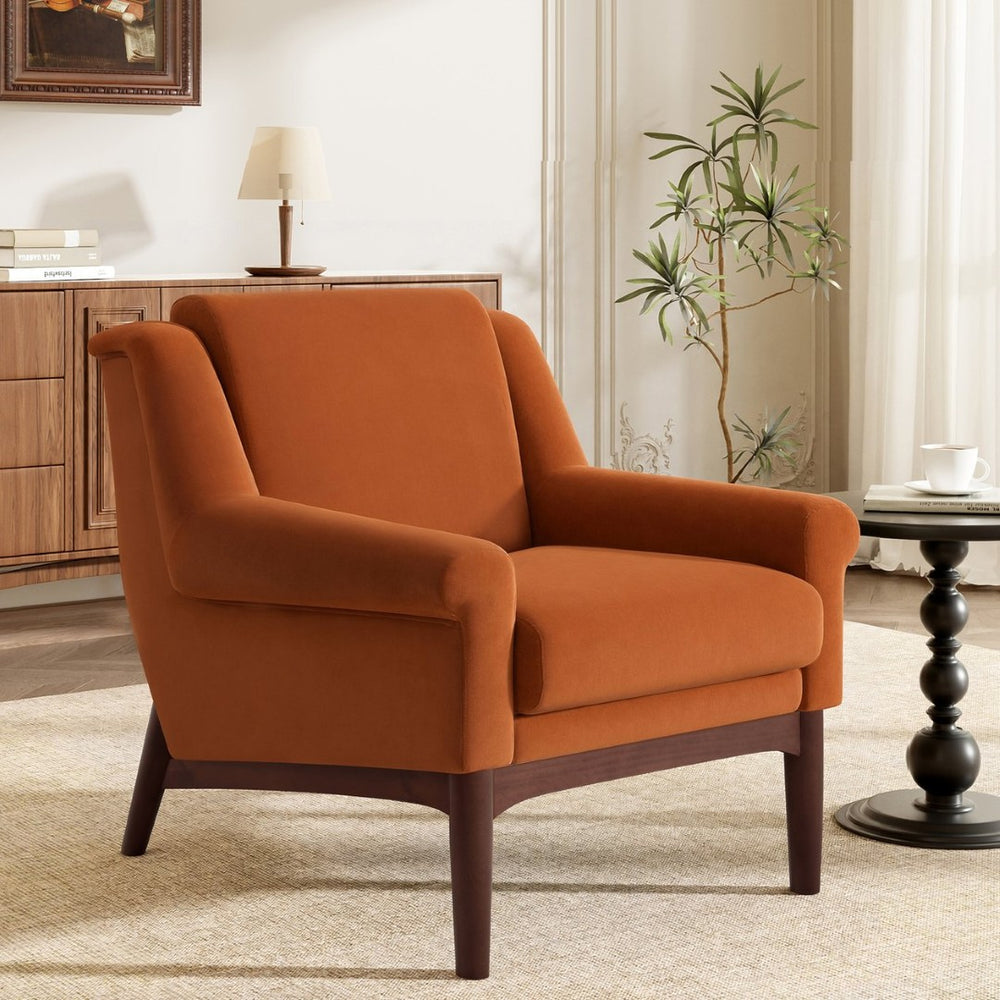English Elm Modern Velvet Accent Chair Flared Arms Birch Legs Mid-century Lounge for Bedroom N723P426251O