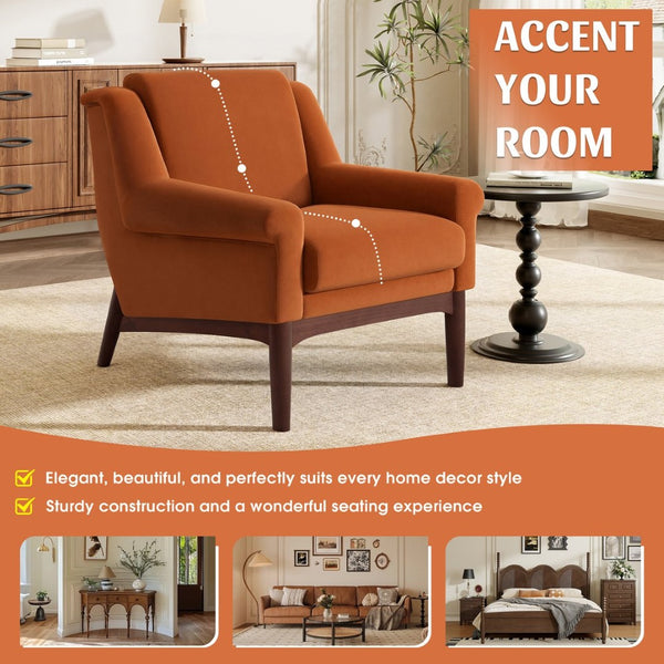 English Elm Modern Velvet Accent Chair Flared Arms Birch Legs Mid-century Lounge for Bedroom N723P426251O